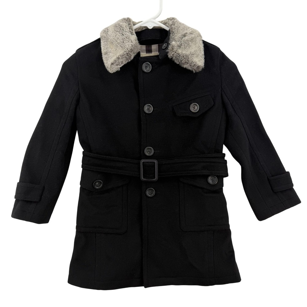 Burberry Coat Youth 6Y Black Belted‎ Faux Fur Collar Nova Check Lining Trench